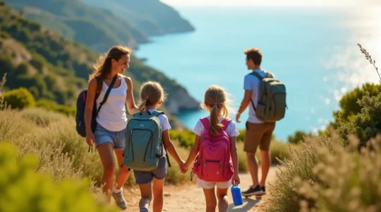 Famille pratiquant des activités sportives ensemble sur la Côte d'Azur entre mer et montagnes