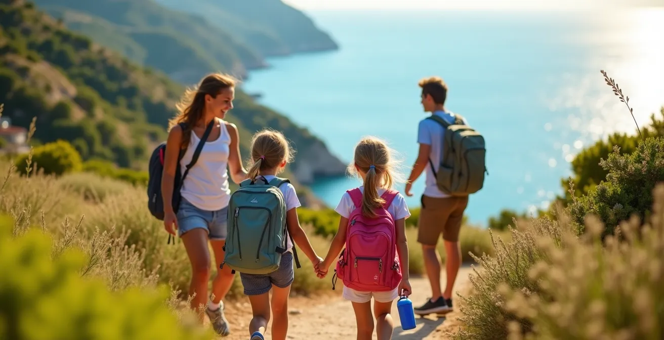 Famille pratiquant des activités sportives ensemble sur la Côte d'Azur entre mer et montagnes