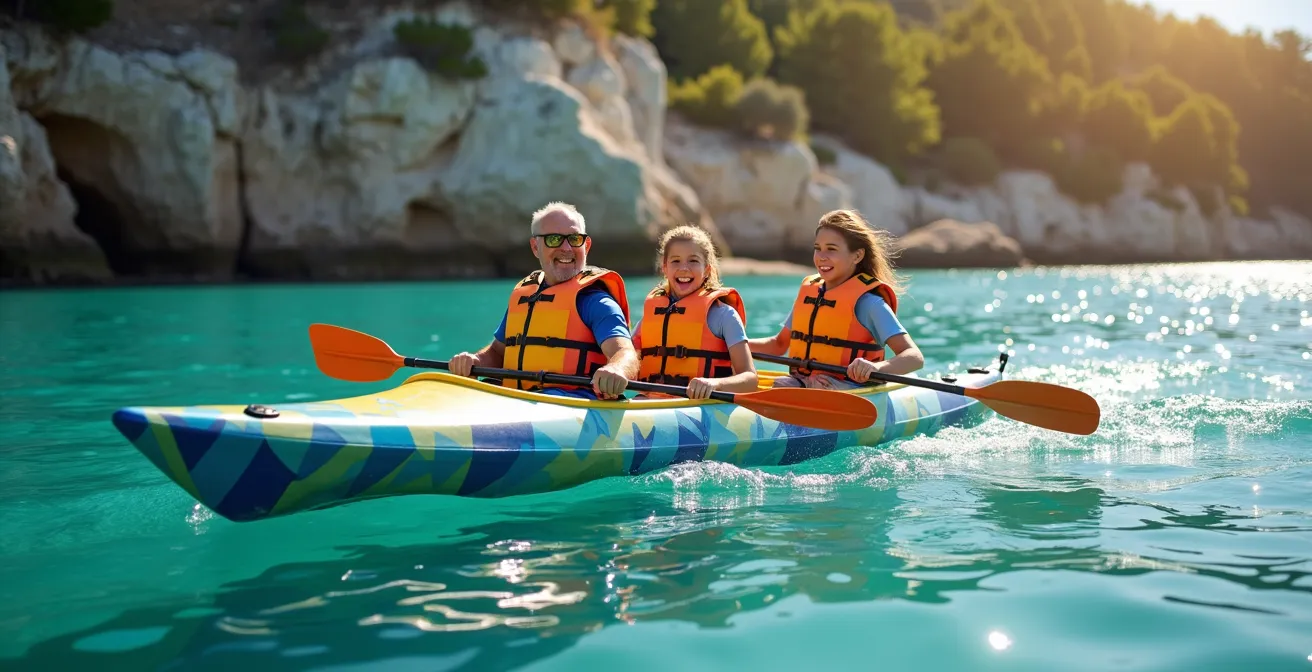 Famille en kayak double naviguant sur les eaux turquoise de la Côte d'Azur au lever du soleil
