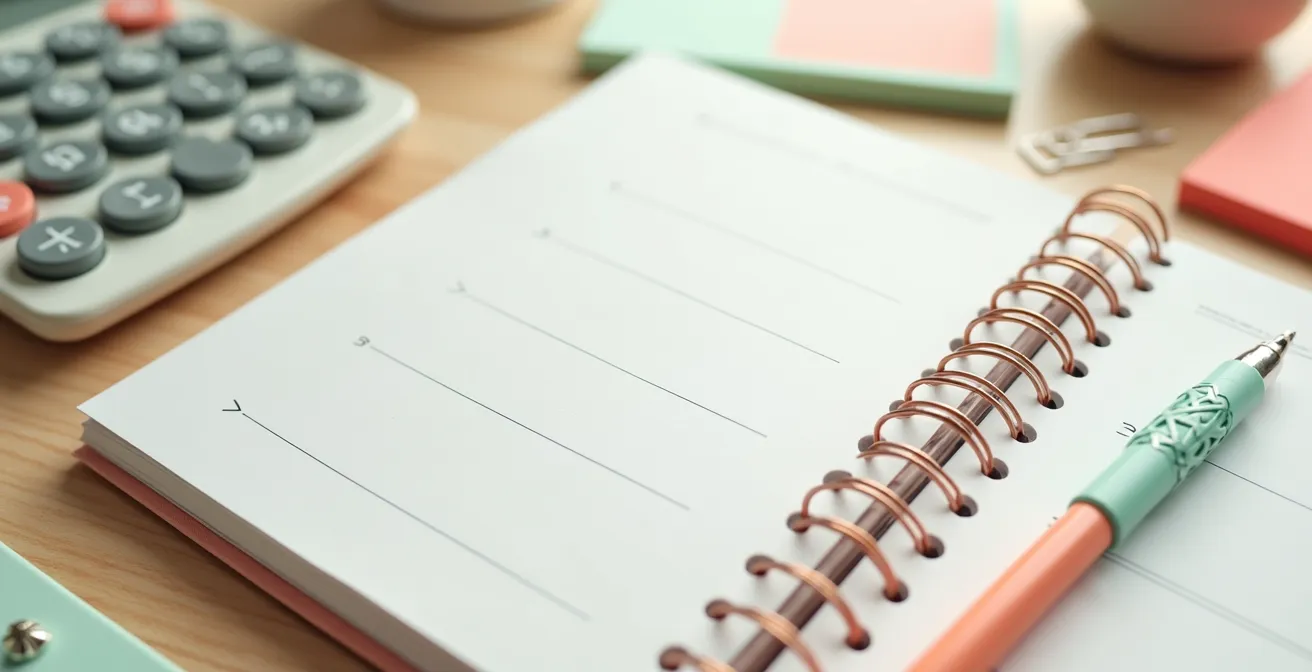 Carnet de notes ouvert avec calculatrice et accessoires colorés pour organiser un budget vacances