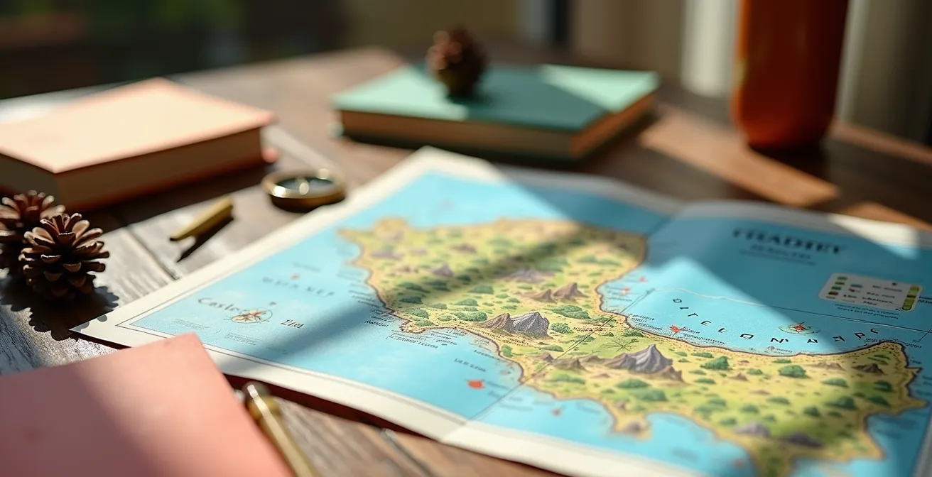 Table avec carte de la Côte d'Azur, carnets colorés et accessoires de voyage pour planifier un séjour