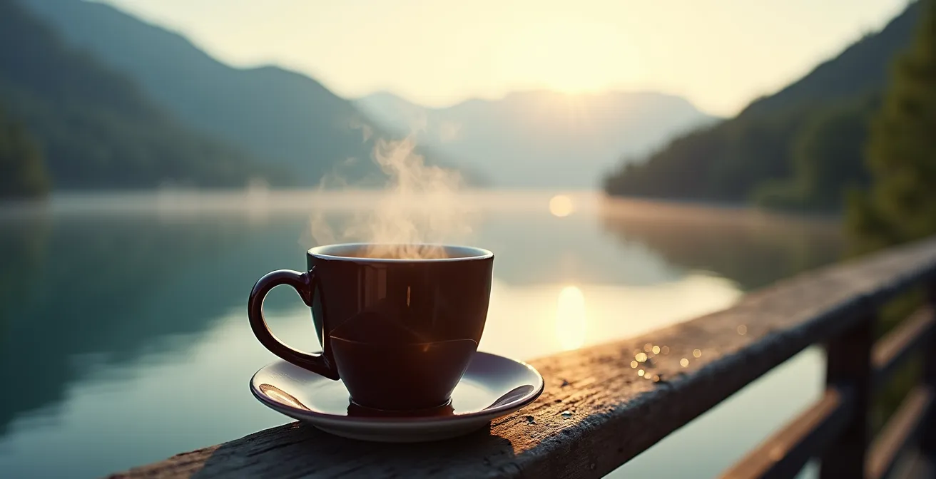 Tasse de café fumante posée sur une rambarde en bois face au lac au lever du soleil