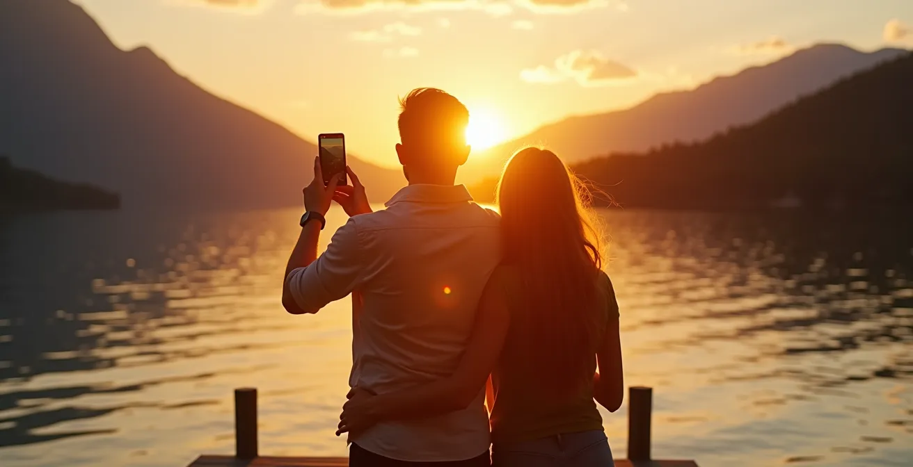 Couple prenant un selfie sur un ponton au coucher du soleil avec le lac en arrière-plan