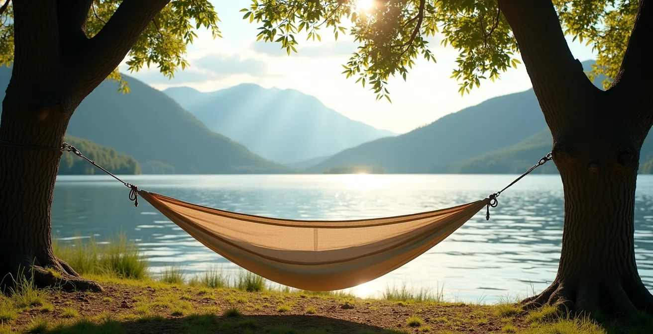 Hamac tendu entre deux arbres avec vue sur le lac et les montagnes en arrière-plan