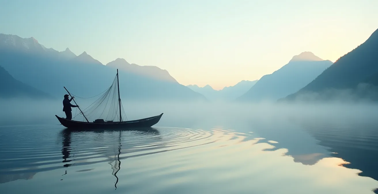 Pêcheur professionnel relevant ses filets sur le lac d'Annecy à l'aube