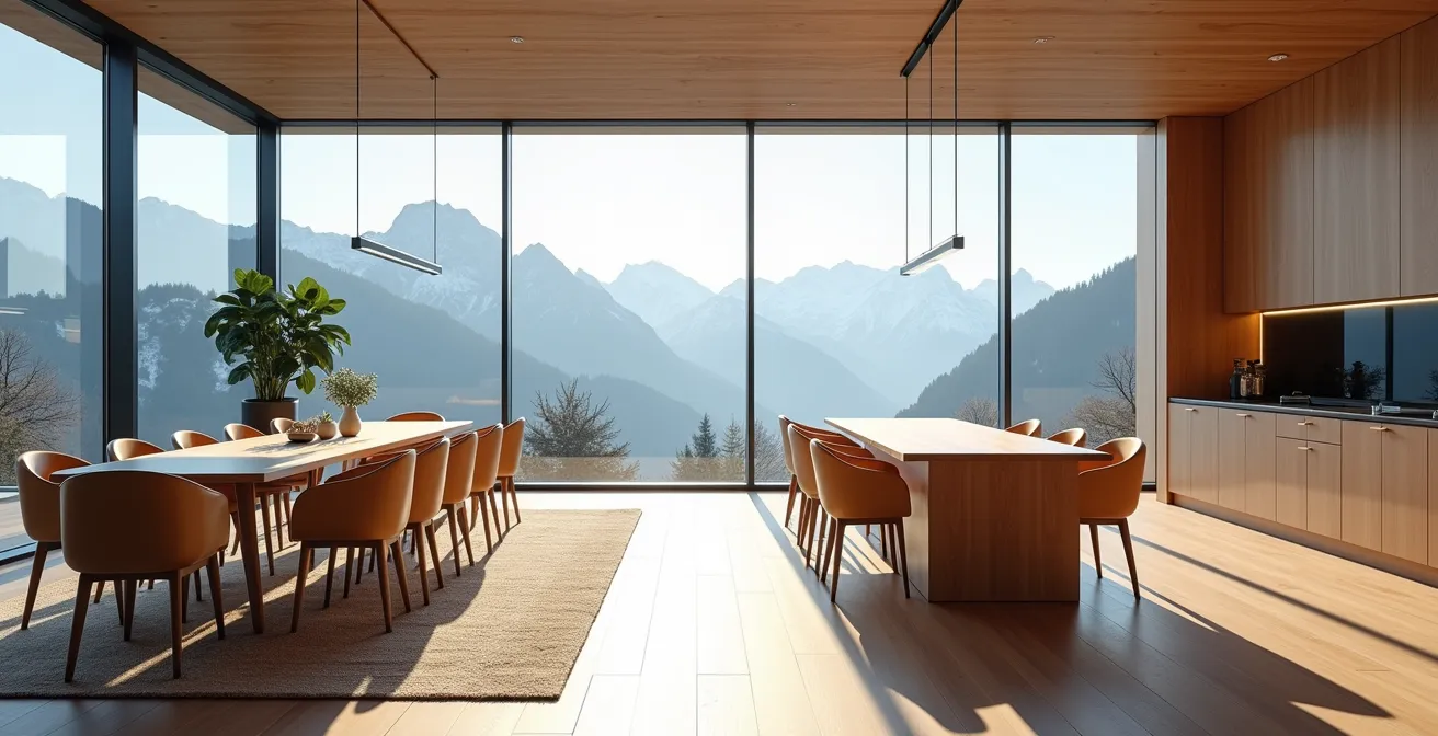 Espace de coworking moderne avec vue sur les montagnes alpines à travers de larges baies vitrées