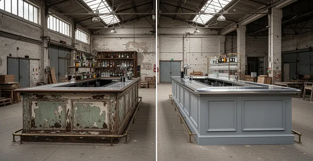 Deux comptoirs de bar côte à côte montrant l'avant et l'après rénovation