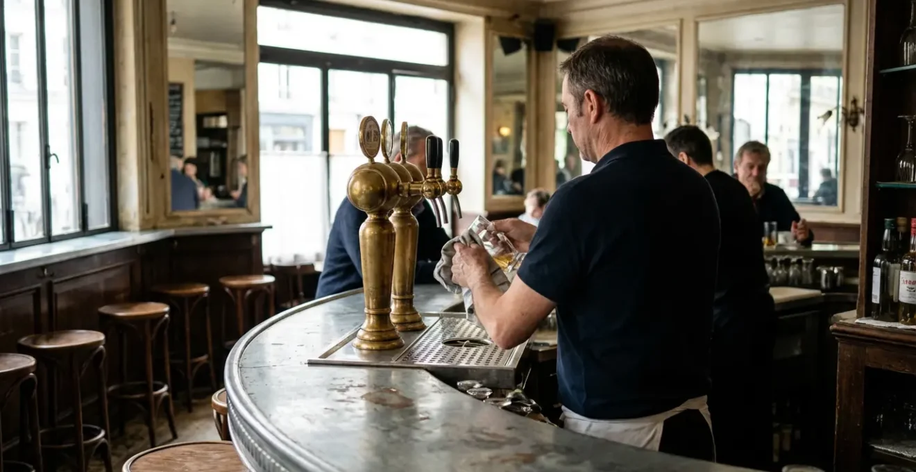 Comptoir de bar zinc rénové dans une brasserie française authentique