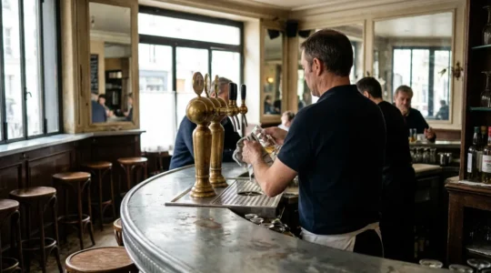 Comptoir de bar zinc rénové dans une brasserie française authentique