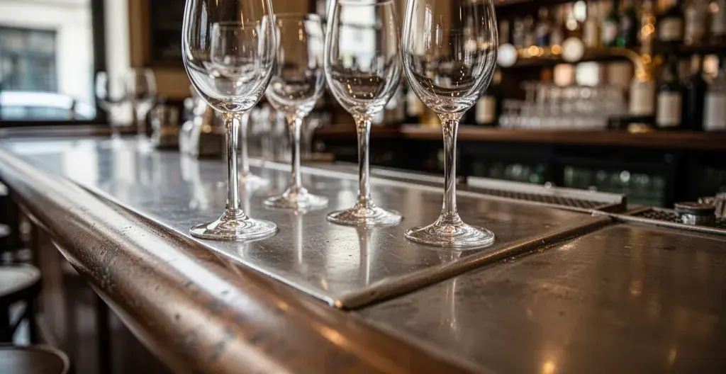 Détail de la piste zinc polie d'un comptoir de bar rénové avec reflets