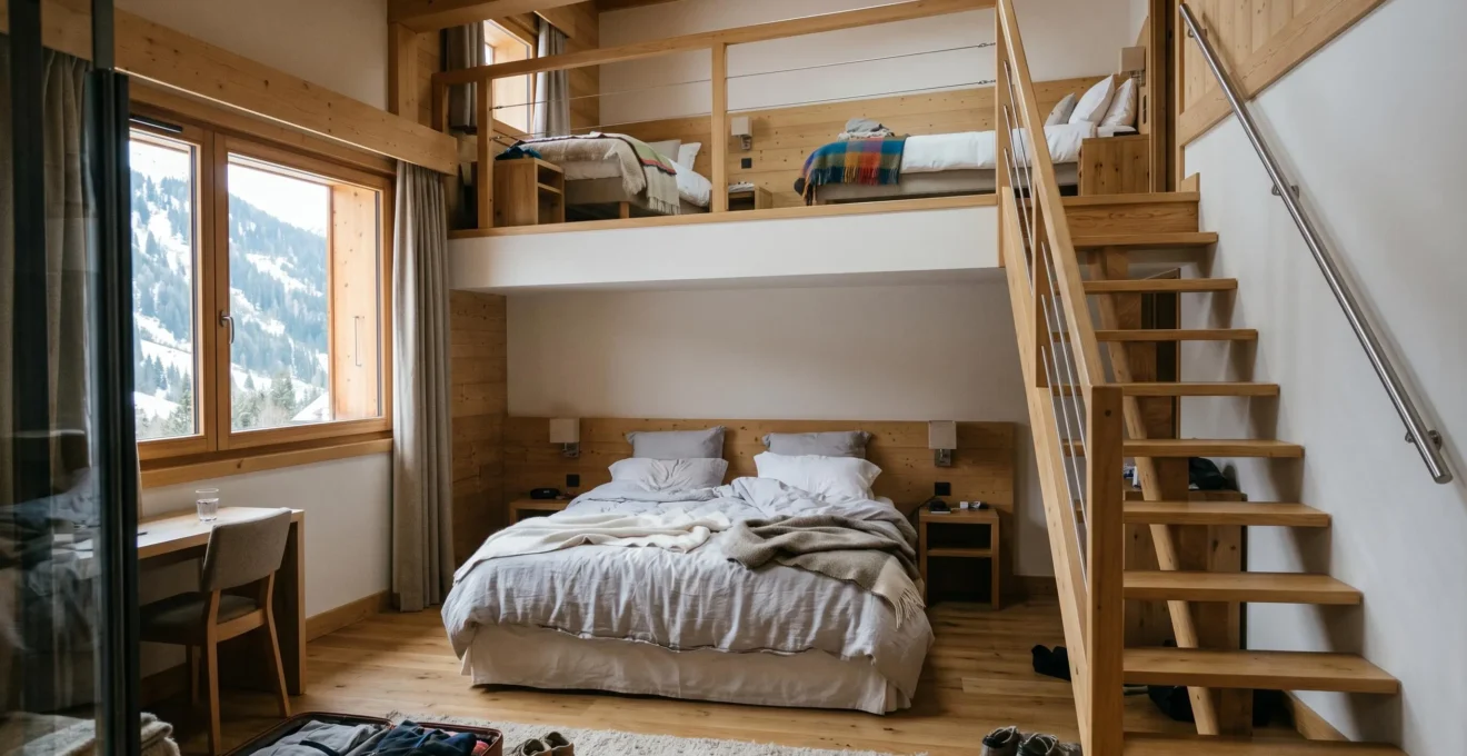 Intérieur de chambre familiale duplex d'hôtel de montagne avec escalier menant à la mezzanine enfants et espace parents en bas, décor bois clair contemporain