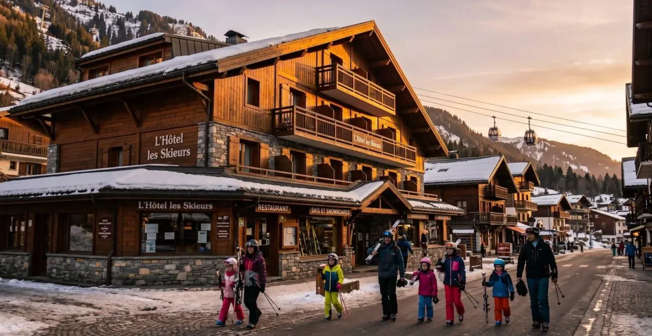 Façade d'hôtel montagnard 4 étoiles au centre de Morzine en fin d'après-midi d'hiver, avec familles rentrant des pistes et remontées mécaniques visibles en arrière-plan proche