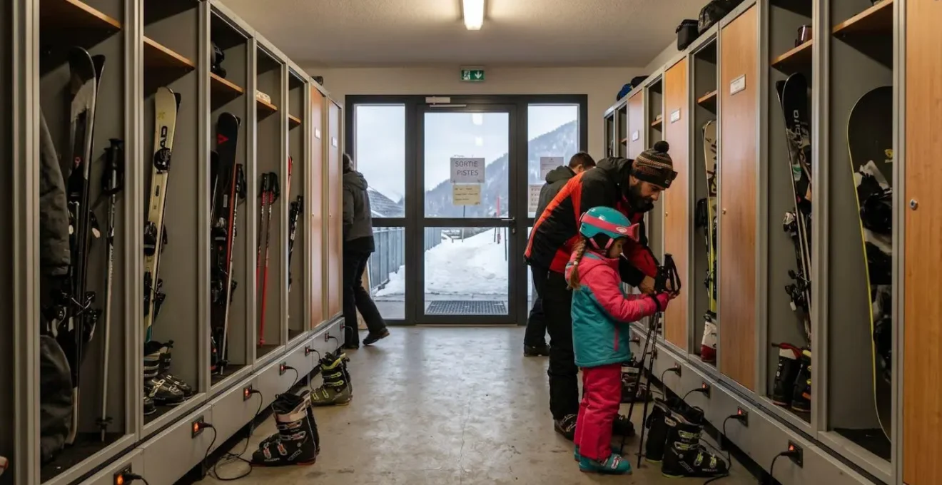 Local à skis d'hôtel de montagne avec casiers individuels et chauffe-chaussures électriques en fonctionnement, parent et enfant organisant leur matériel