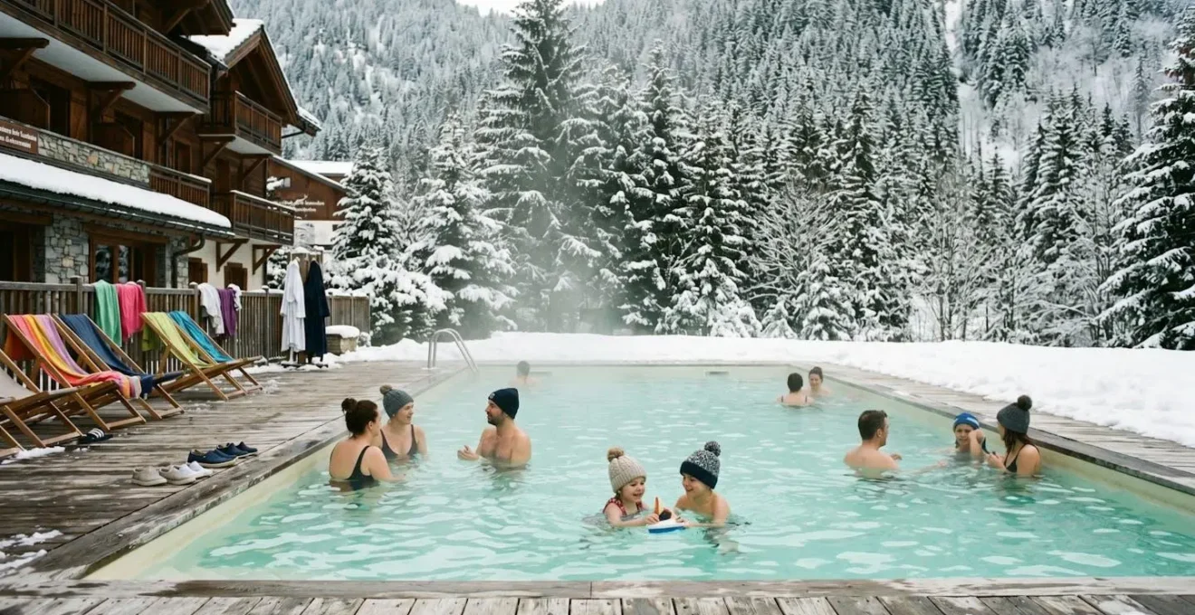 Piscine extérieure chauffée d'hôtel de montagne en hiver avec familles se baignant malgré la neige environnante, vapeur s'élevant de l'eau chaude